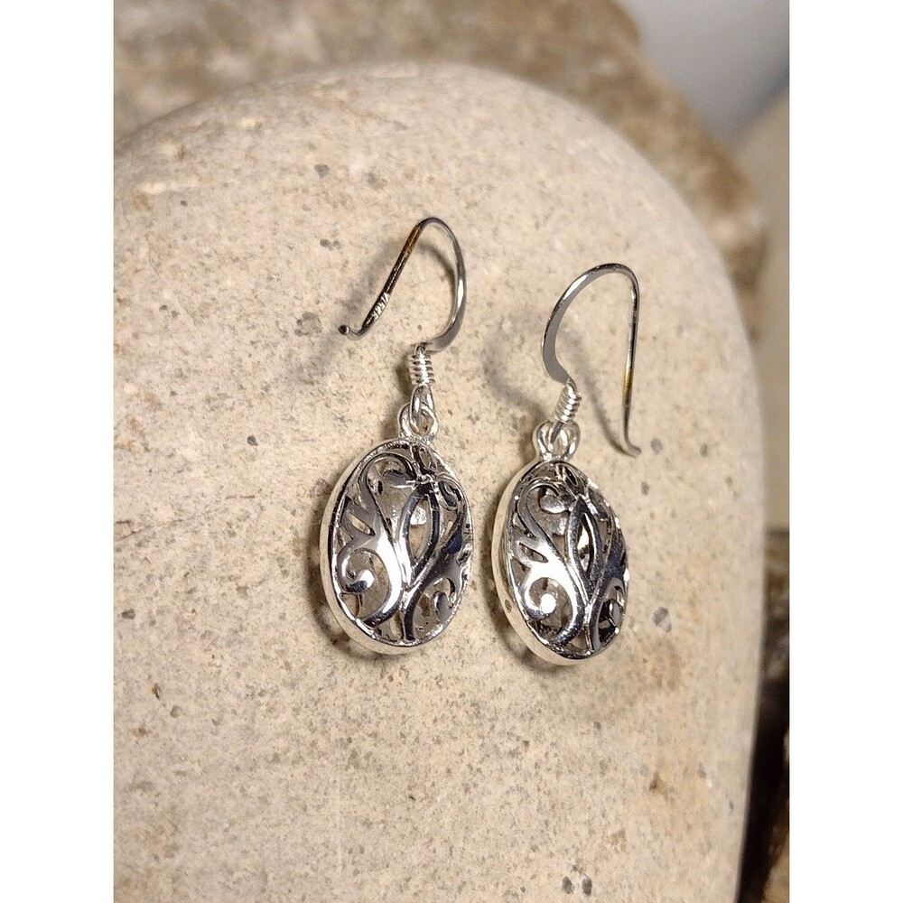 Sterling Silver .925 Scroll Ornate Dangle Earrings